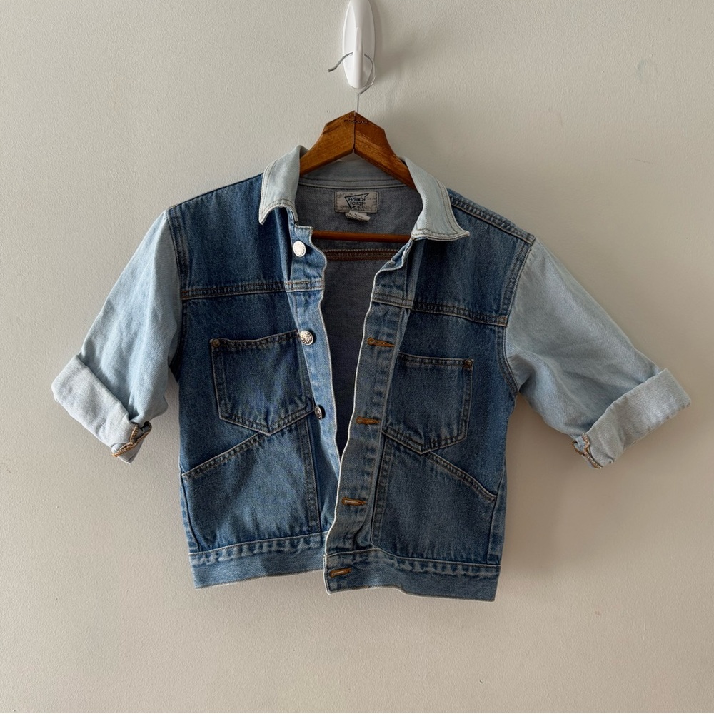 Vintage French Toast Denim Jean Jacket, Button Front, Sz 8, color block, retro